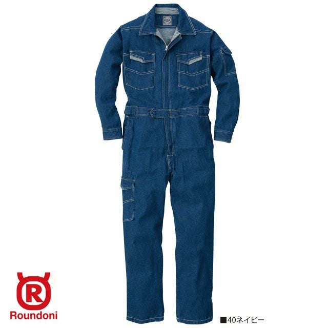 DN600【丸鬼商店 ROUND ONI】デニム ツナギ服 通年 つなぎ服 男女兼用 ユニセックス 整備 メンテンナンス S~5L ネイビー